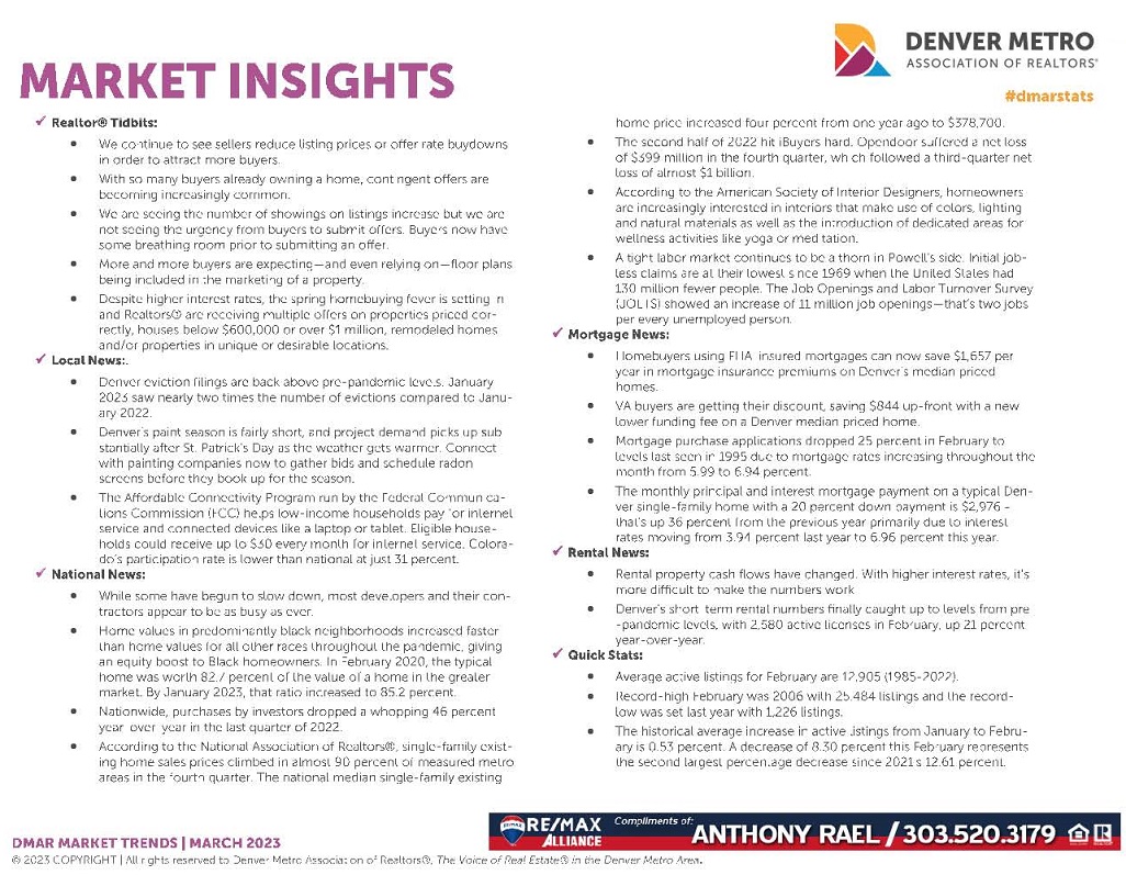 March 2023 Denver Real Estate Market Snapshot - Year-over-Year Look at Denver Colorado Home Values & Home Prices - RE/MAX REALTOR Anthony Rael