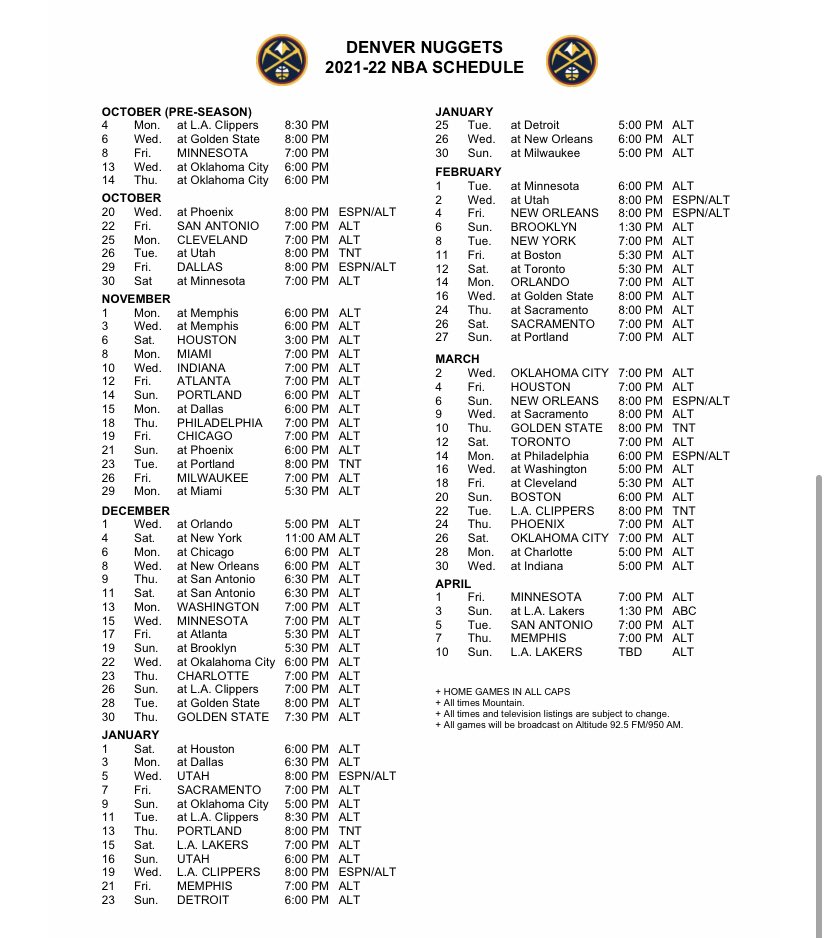 2021-2022 Denver Niggets Schedule